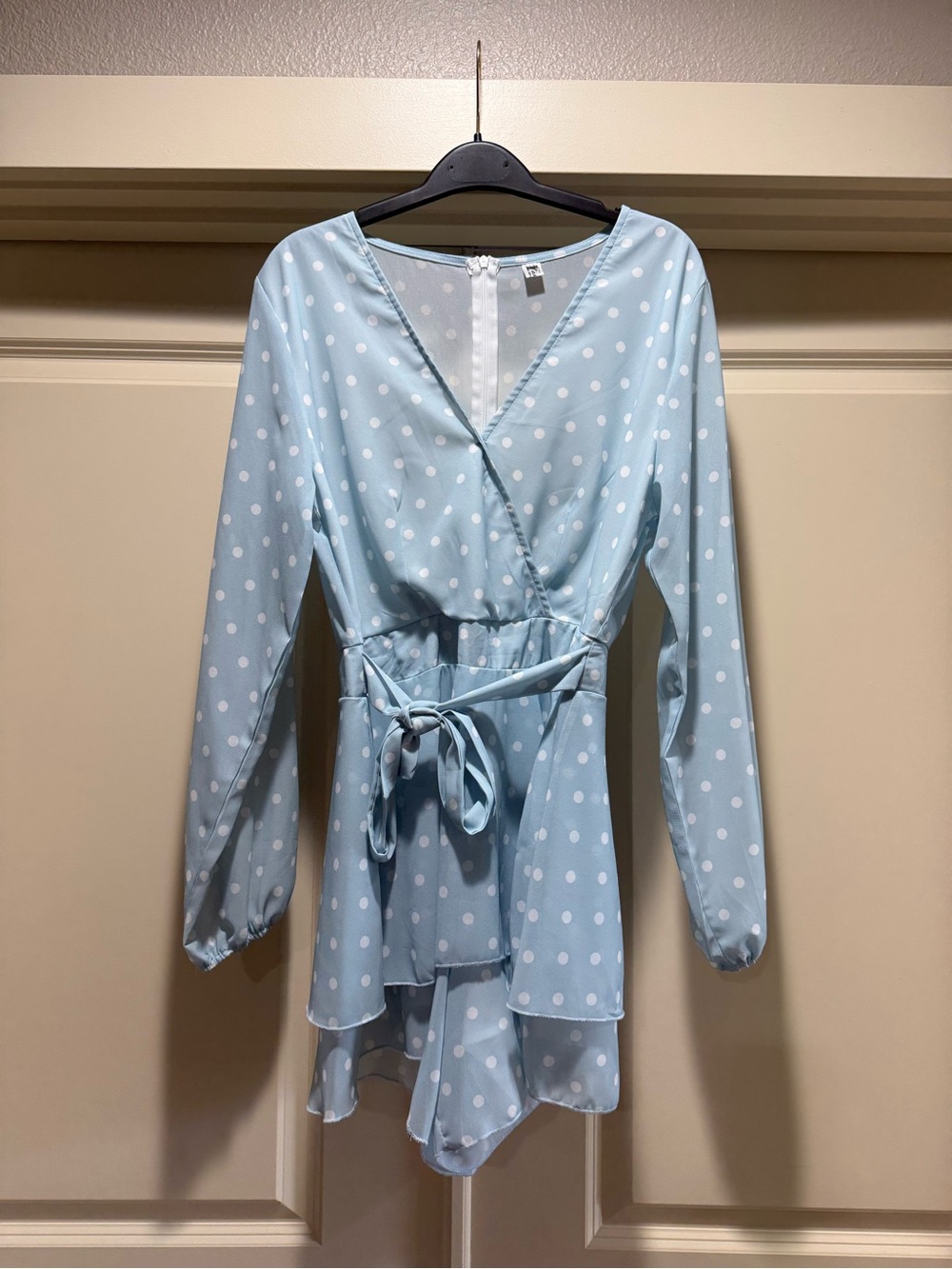 Light Blue Polka Dot Wrap Romper with Tie Waist